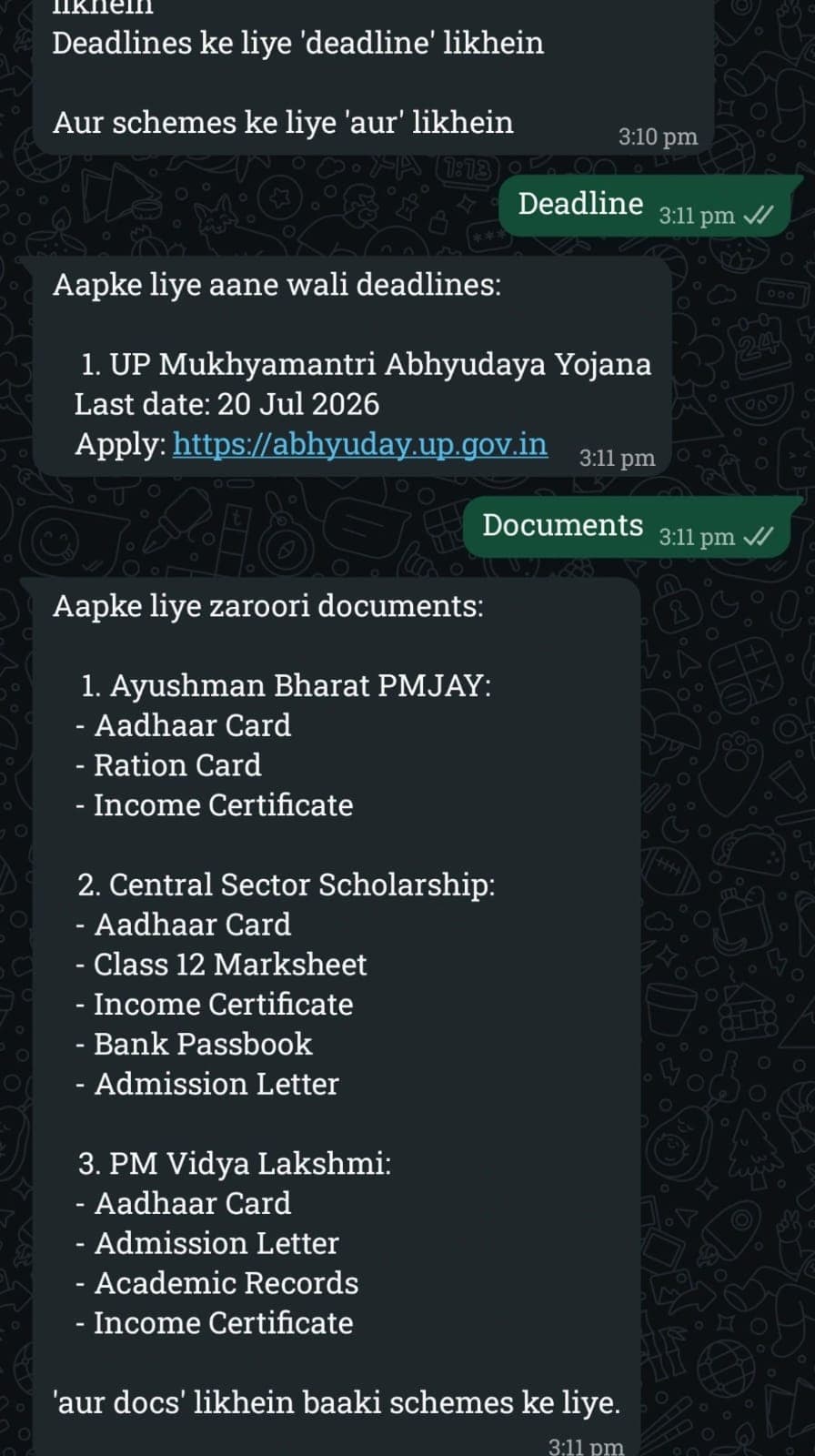 Historical Yojna Setu WhatsApp interaction showing deadline retrieval and document requirements.
